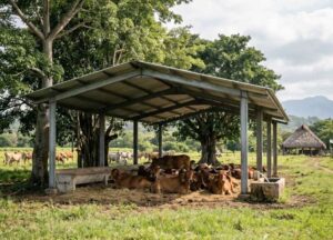 Bovinos descansando bajo un cobertizo de sombra efectivo sobre cama de paja, un método clave de cómo proteger al ganado del calor.