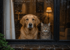 Perro y gato protegidos durante la temporada de lluvias