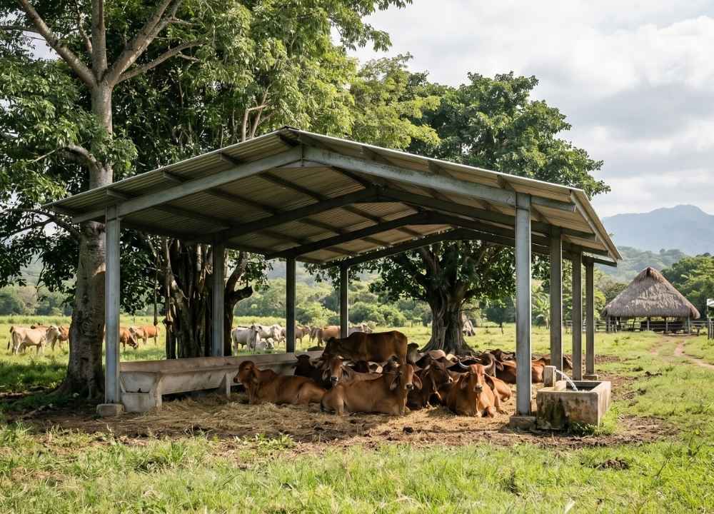Bovinos descansando bajo un cobertizo de sombra efectivo sobre cama de paja, un método clave de cómo proteger al ganado del calor.