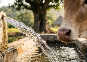 Vaca bebiendo agua fresca de un chorro continuo en un bebedero limpio, vital para cómo proteger al ganado del calor.