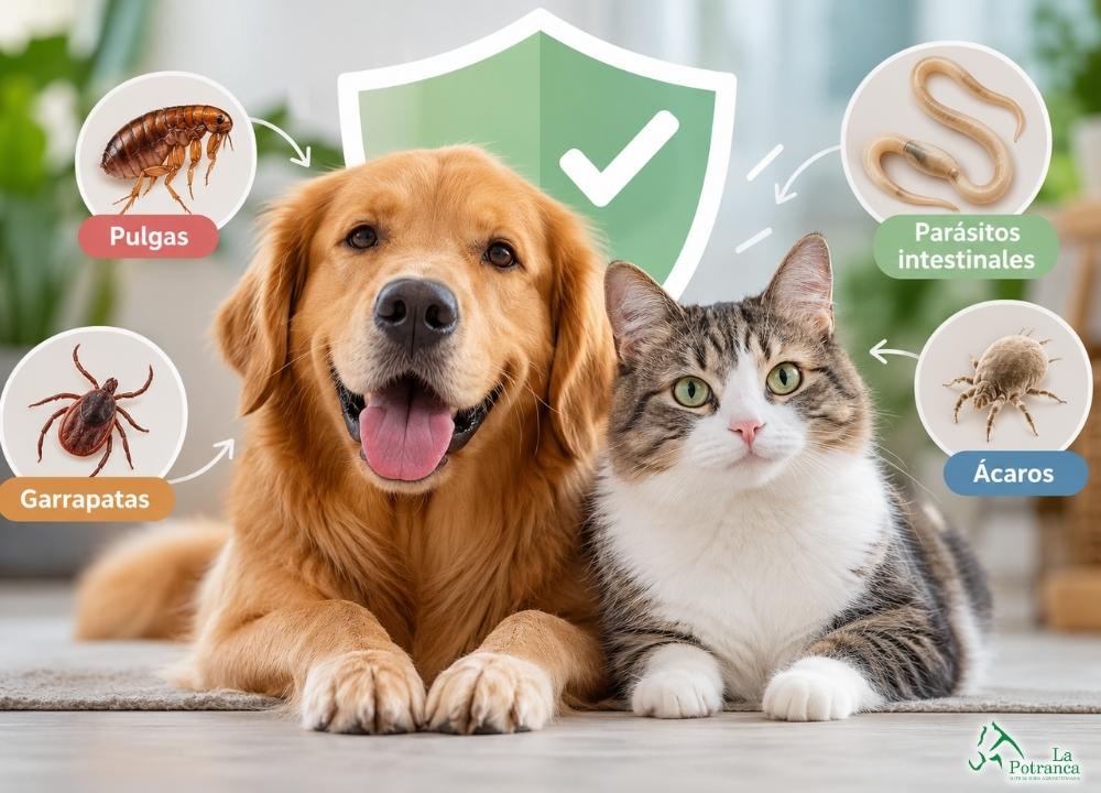 Perro y gato protegidos contra parásitos como pulgas, garrapatas, ácaros y parásitos intestinales